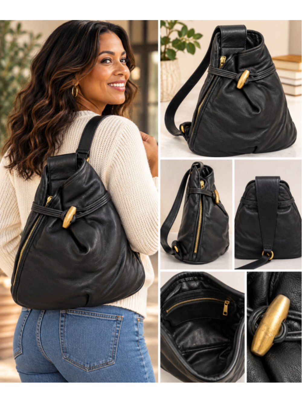 Vintage Natalie Black Leather Backpack Purse Convertible Shoulder Bag